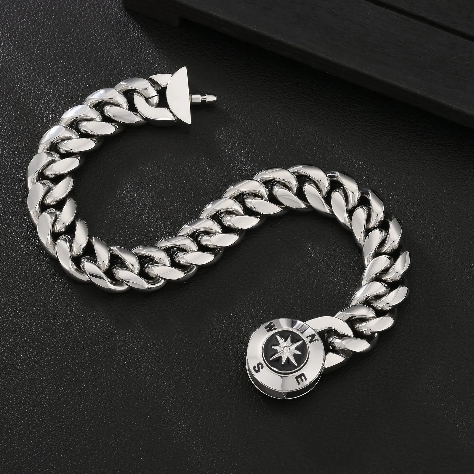 12mm Compass Button Clasp Miami Cuban Link Bracelet