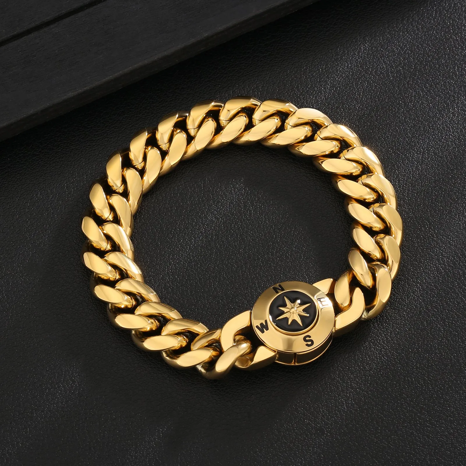 12mm Compass Button Clasp Miami Cuban Link Bracelet