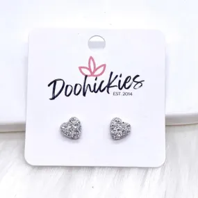 8mm Sparkle Heart Stud Earrings - Silver