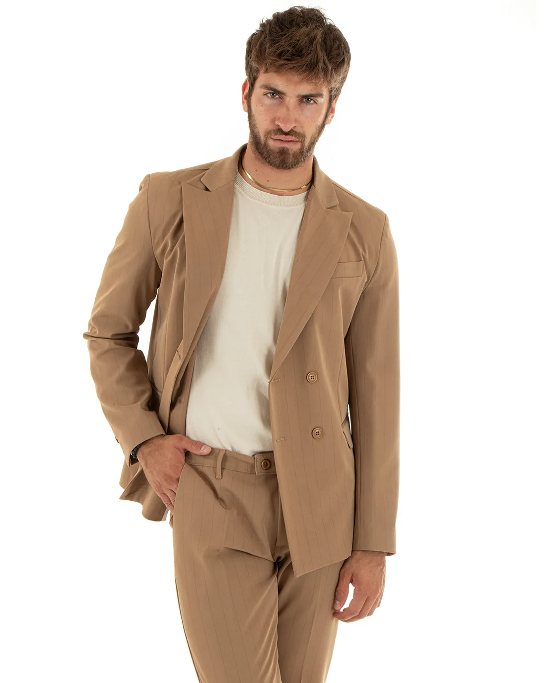 Abito Uomo Doppiopetto Vestito Viscosa Completo Giacca Pantaloni Camel Rigato Gessato Elegante Cerimonia GIOSAL-OU2380A