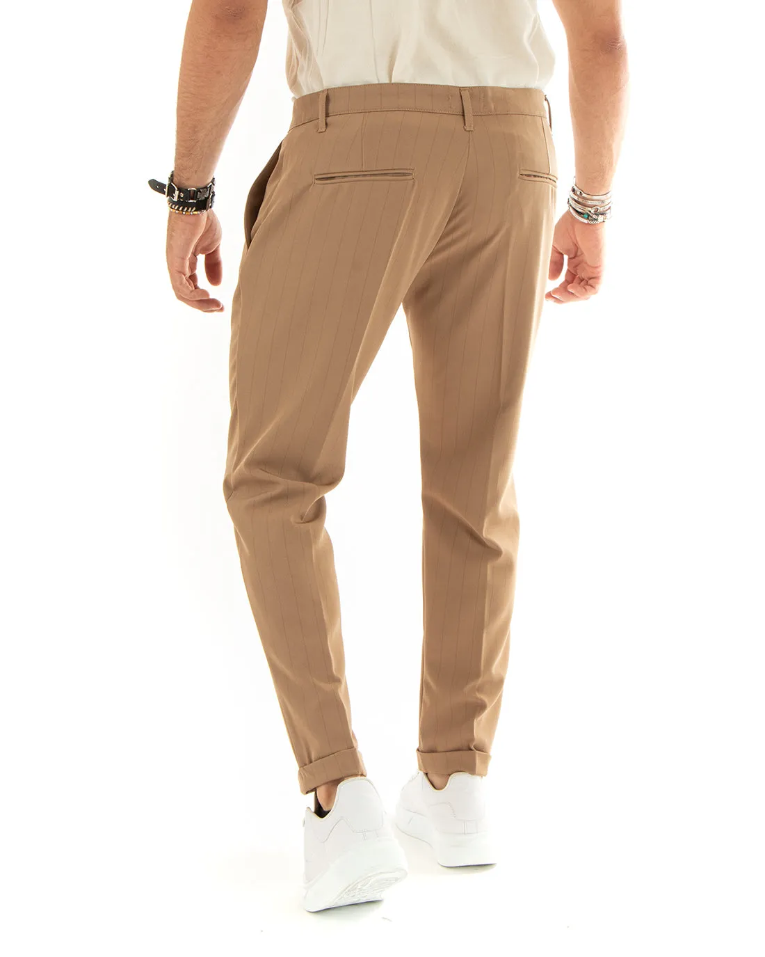 Abito Uomo Doppiopetto Vestito Viscosa Completo Giacca Pantaloni Camel Rigato Gessato Elegante Cerimonia GIOSAL-OU2380A