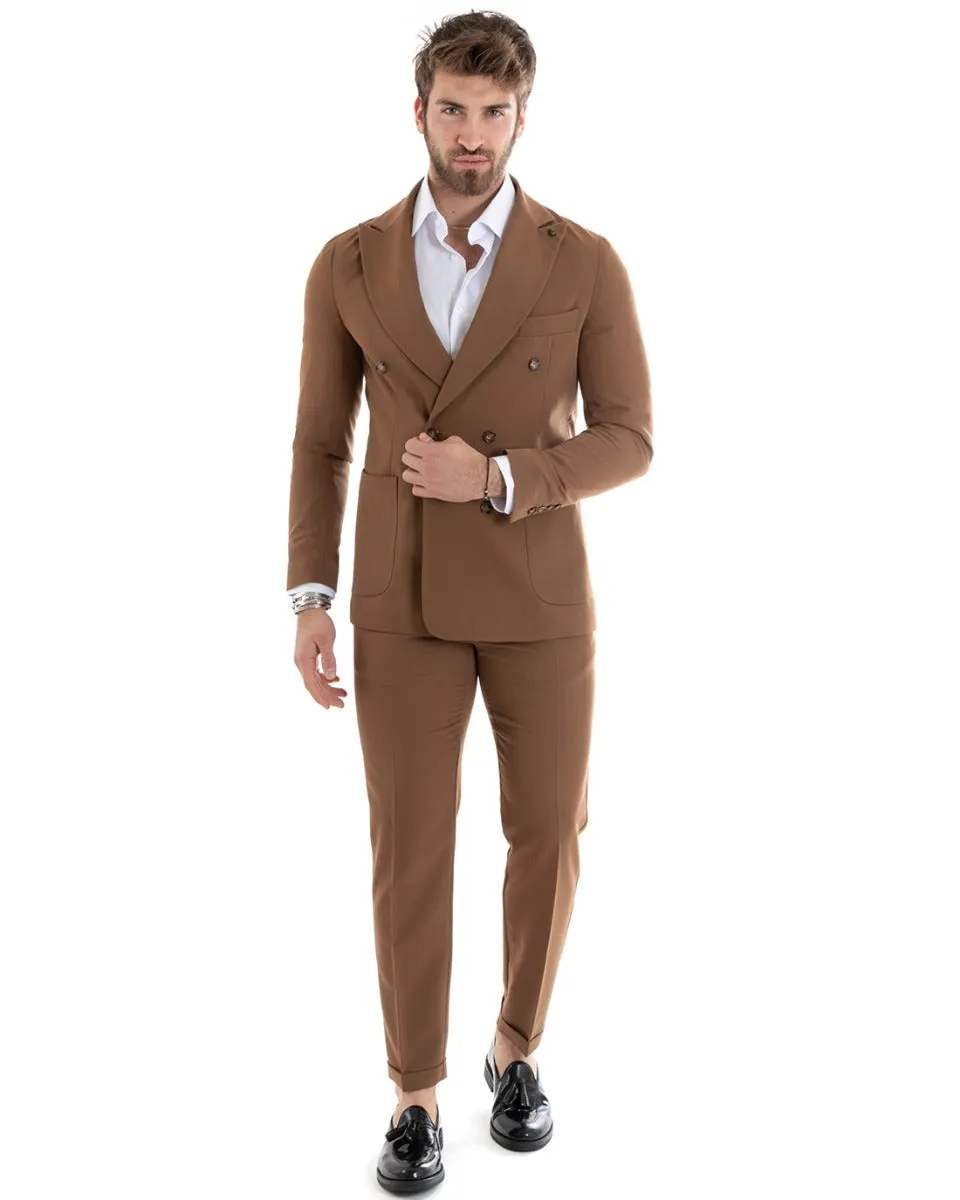 Abito Uomo Doppiopetto Vestito Viscosa Completo Giacca Pantaloni Tabacco Elegante Cerimonia GIOSAL-OU2272A