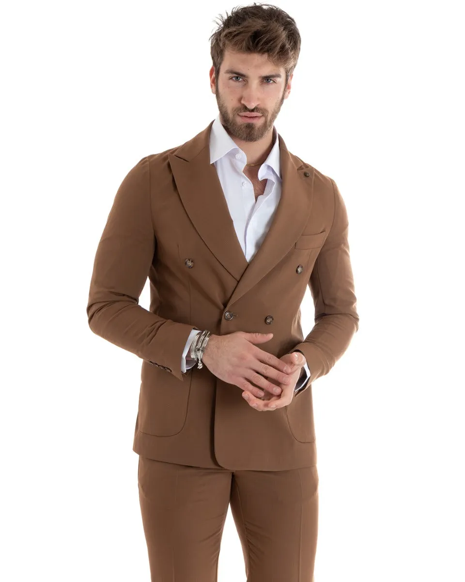 Abito Uomo Doppiopetto Vestito Viscosa Completo Giacca Pantaloni Tabacco Elegante Cerimonia GIOSAL-OU2272A