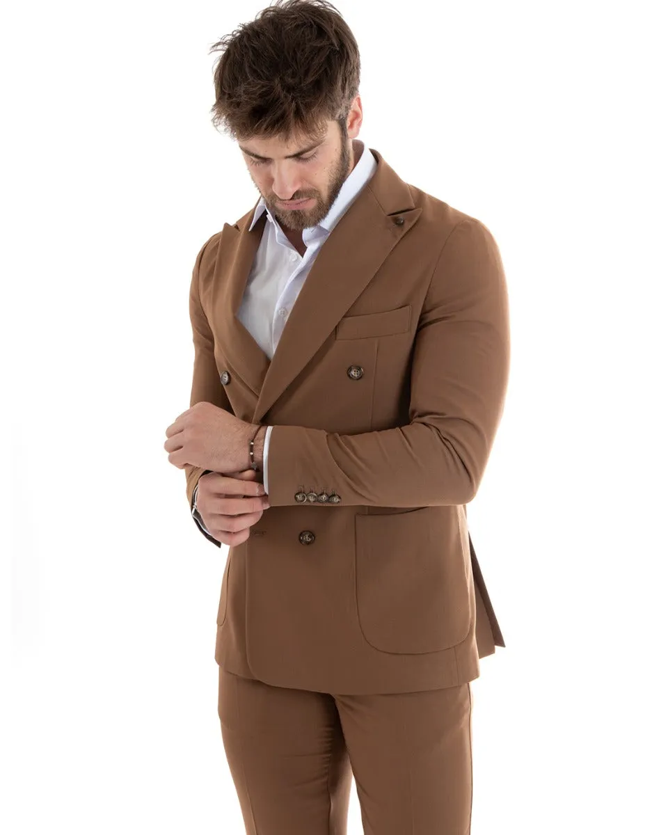 Abito Uomo Doppiopetto Vestito Viscosa Completo Giacca Pantaloni Tabacco Elegante Cerimonia GIOSAL-OU2272A