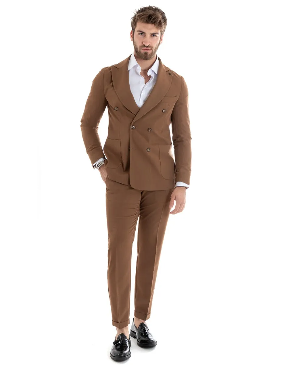 Abito Uomo Doppiopetto Vestito Viscosa Completo Giacca Pantaloni Tabacco Elegante Cerimonia GIOSAL-OU2272A