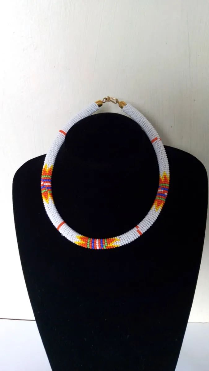 African beaded white rope necklace, Tribal Zulu necklace, Maasai jewelry