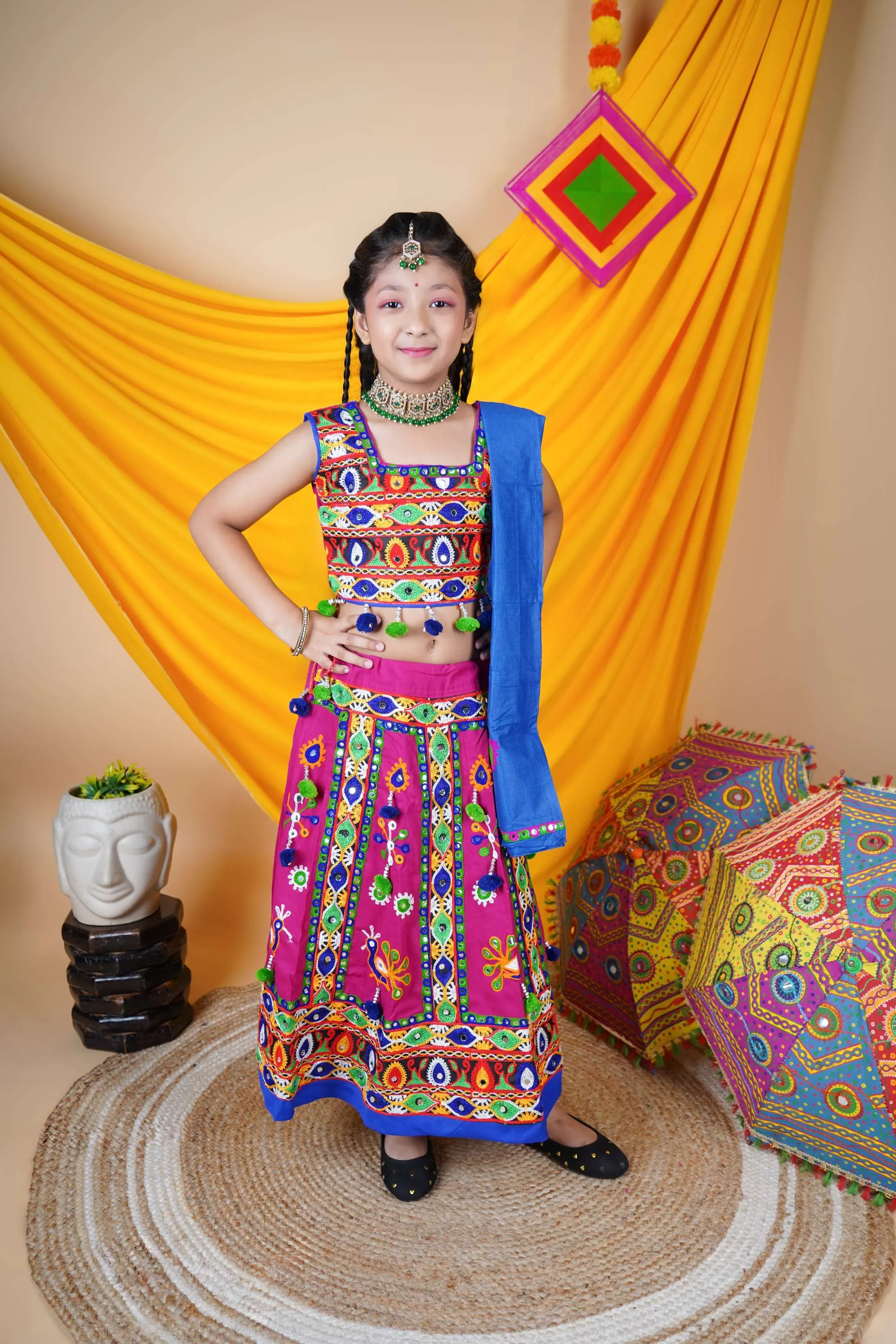 Ahhaaaa Kids Traditional Garba Ghoomar Lehenga Choli | Chania Choli | Radha Dress with Dupatta for Girl