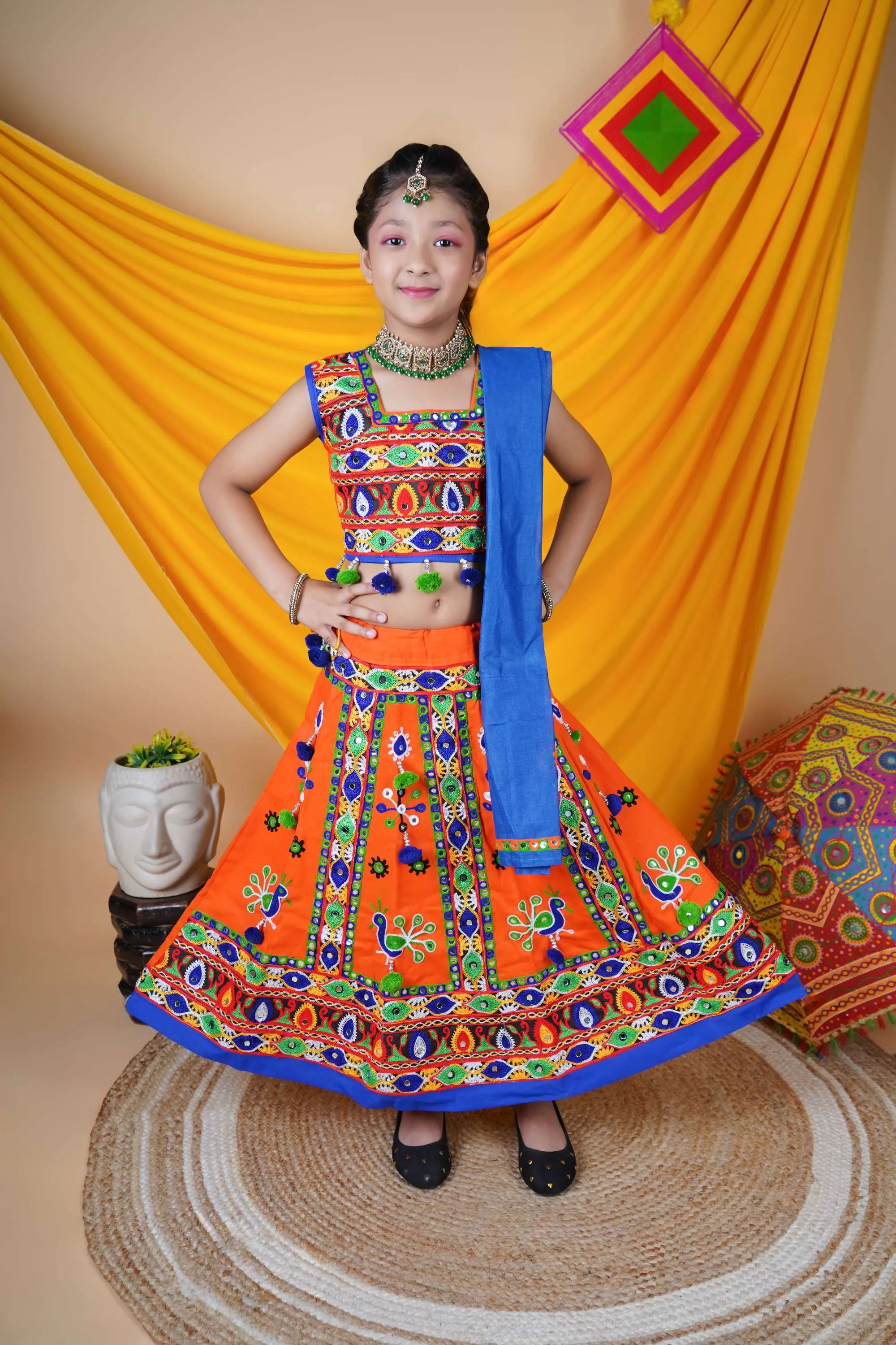 Ahhaaaa Kids Traditional Garba Ghoomar Lehenga Choli | Chania Choli | Radha Dress with Dupatta for Girl