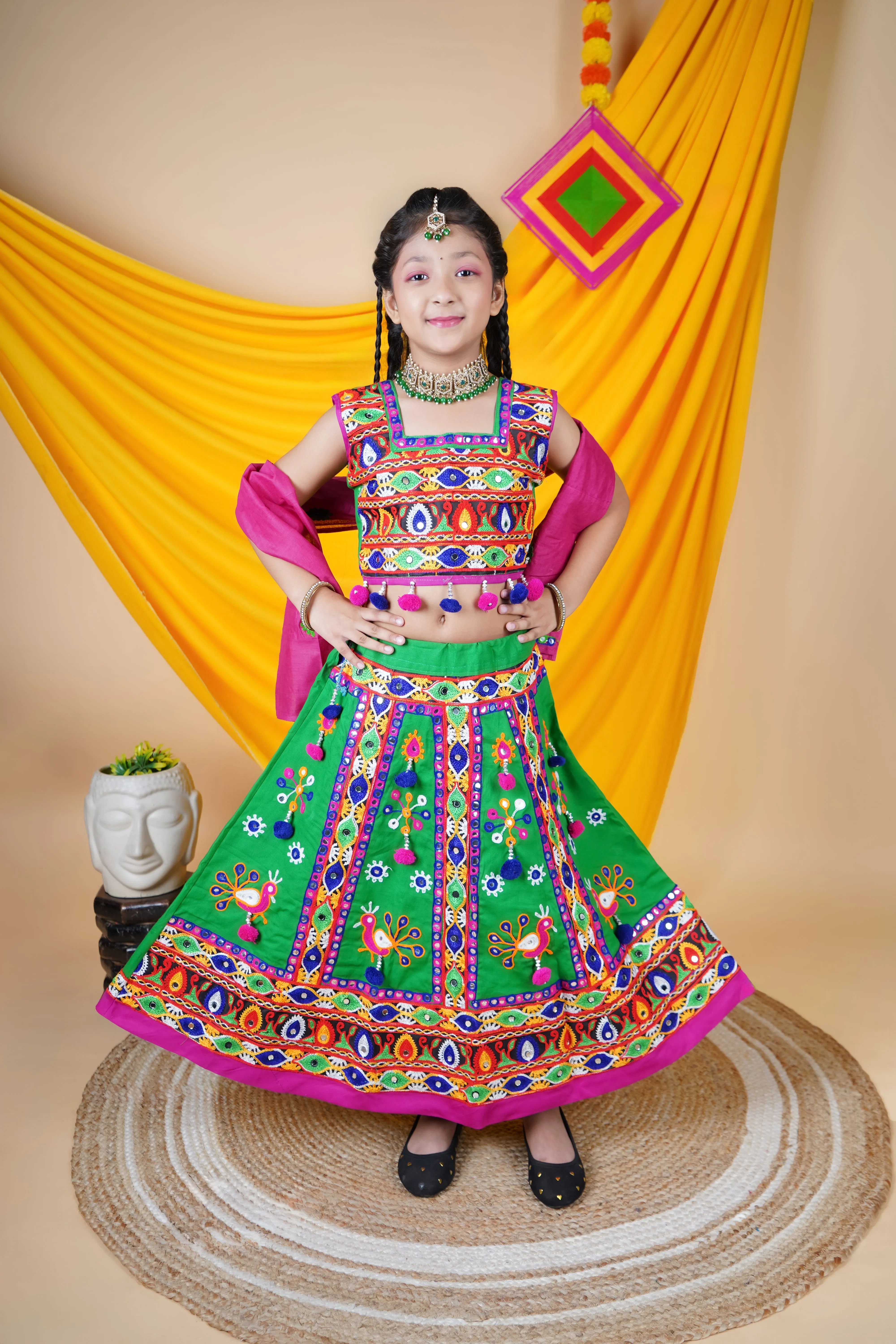 Ahhaaaa Kids Traditional Garba Ghoomar Lehenga Choli | Chania Choli | Radha Dress with Dupatta for Girl