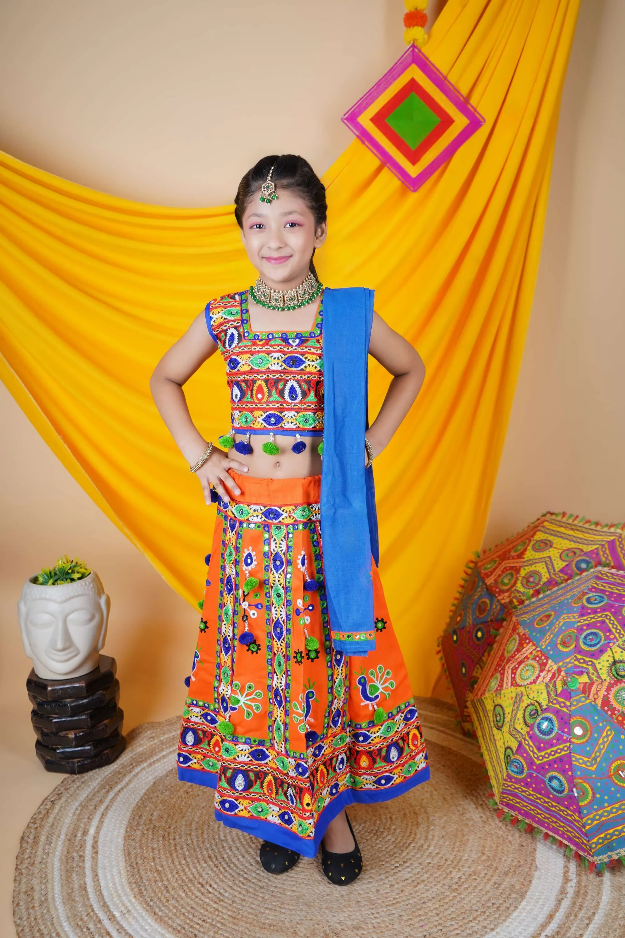 Ahhaaaa Kids Traditional Garba Ghoomar Lehenga Choli | Chania Choli | Radha Dress with Dupatta for Girl