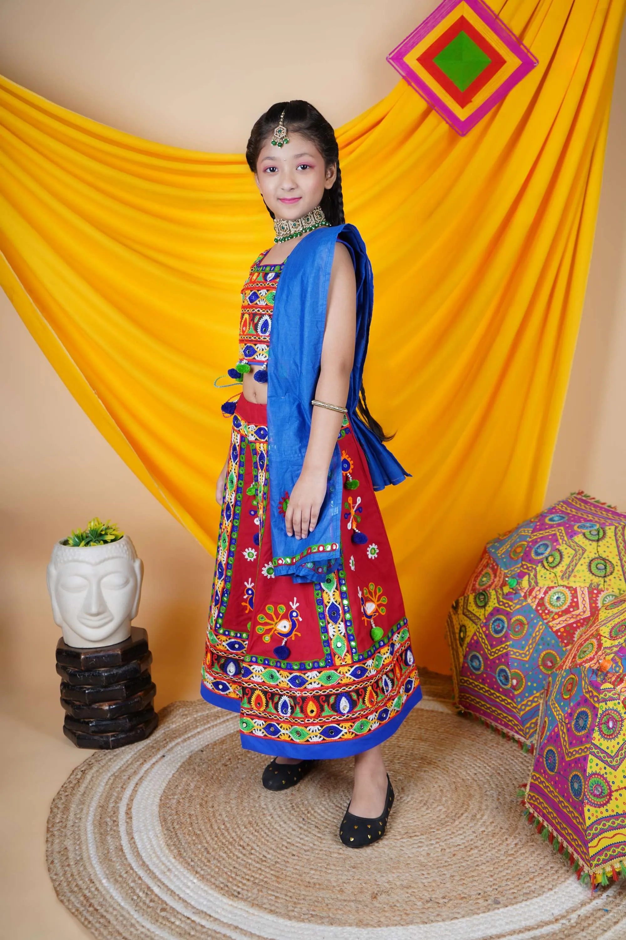 Ahhaaaa Kids Traditional Garba Ghoomar Lehenga Choli | Chania Choli | Radha Dress with Dupatta for Girl