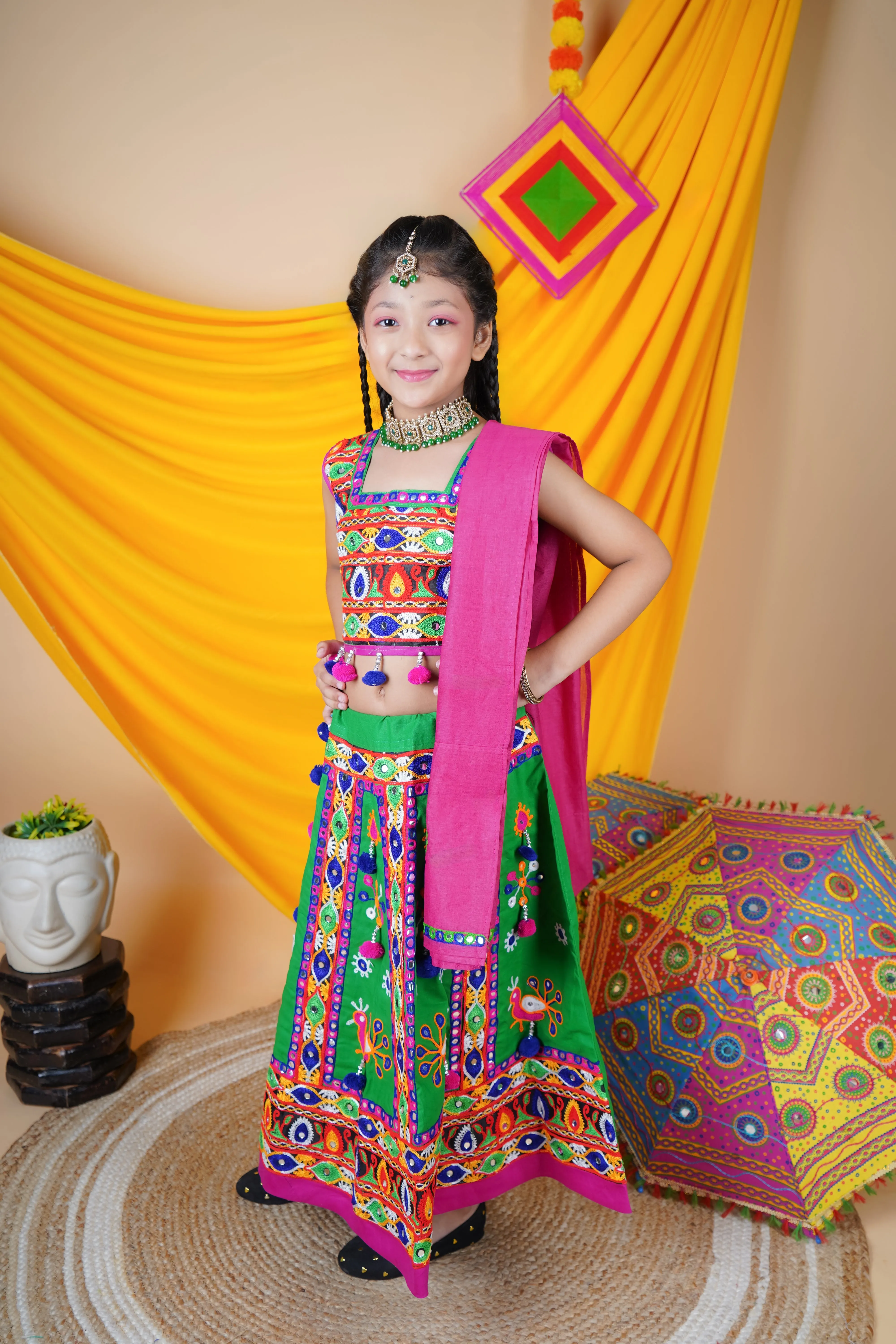 Ahhaaaa Kids Traditional Garba Ghoomar Lehenga Choli | Chania Choli | Radha Dress with Dupatta for Girl