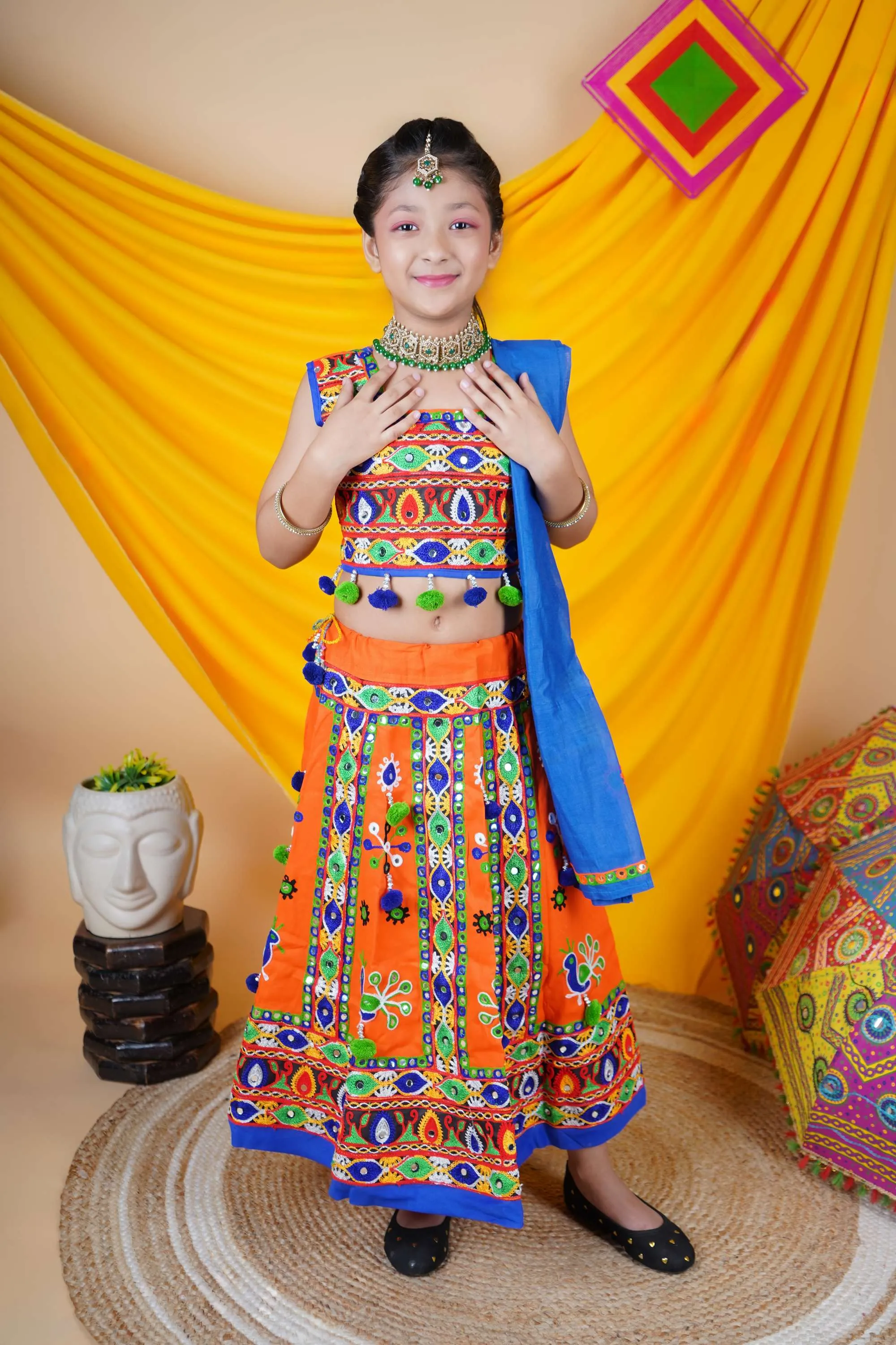 Ahhaaaa Kids Traditional Garba Ghoomar Lehenga Choli | Chania Choli | Radha Dress with Dupatta for Girl