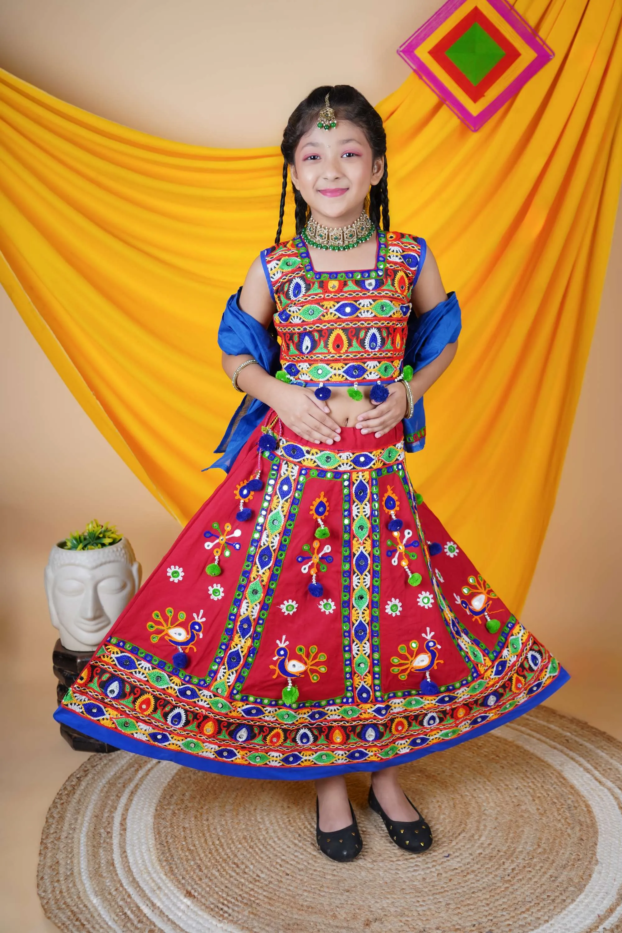 Ahhaaaa Kids Traditional Garba Ghoomar Lehenga Choli | Chania Choli | Radha Dress with Dupatta for Girl