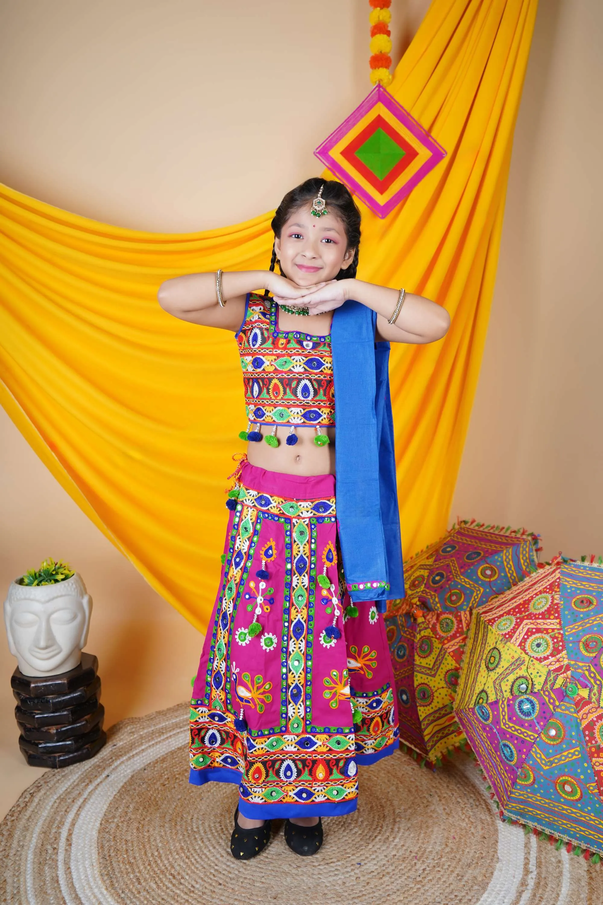 Ahhaaaa Kids Traditional Garba Ghoomar Lehenga Choli | Chania Choli | Radha Dress with Dupatta for Girl