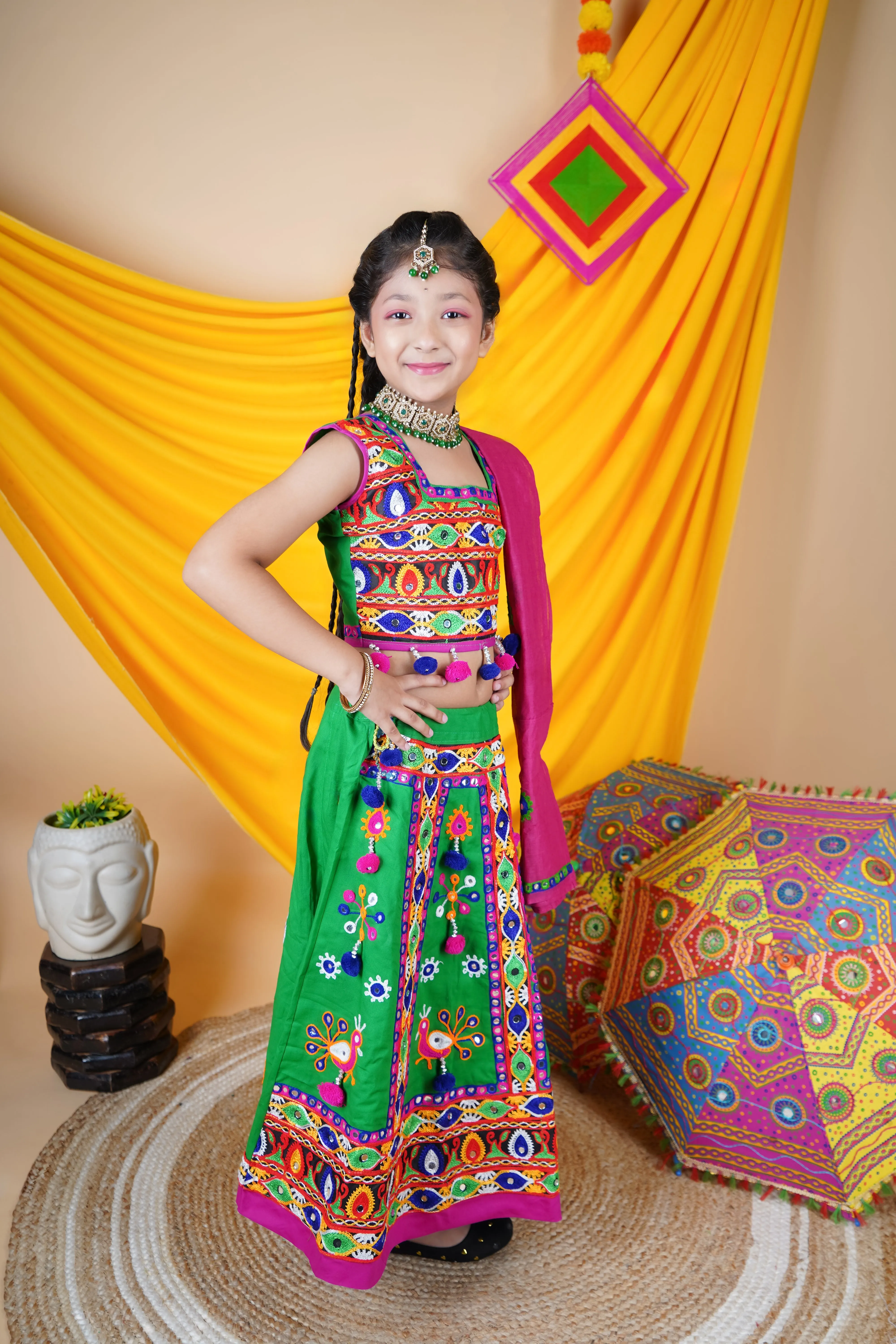 Ahhaaaa Kids Traditional Garba Ghoomar Lehenga Choli | Chania Choli | Radha Dress with Dupatta for Girl