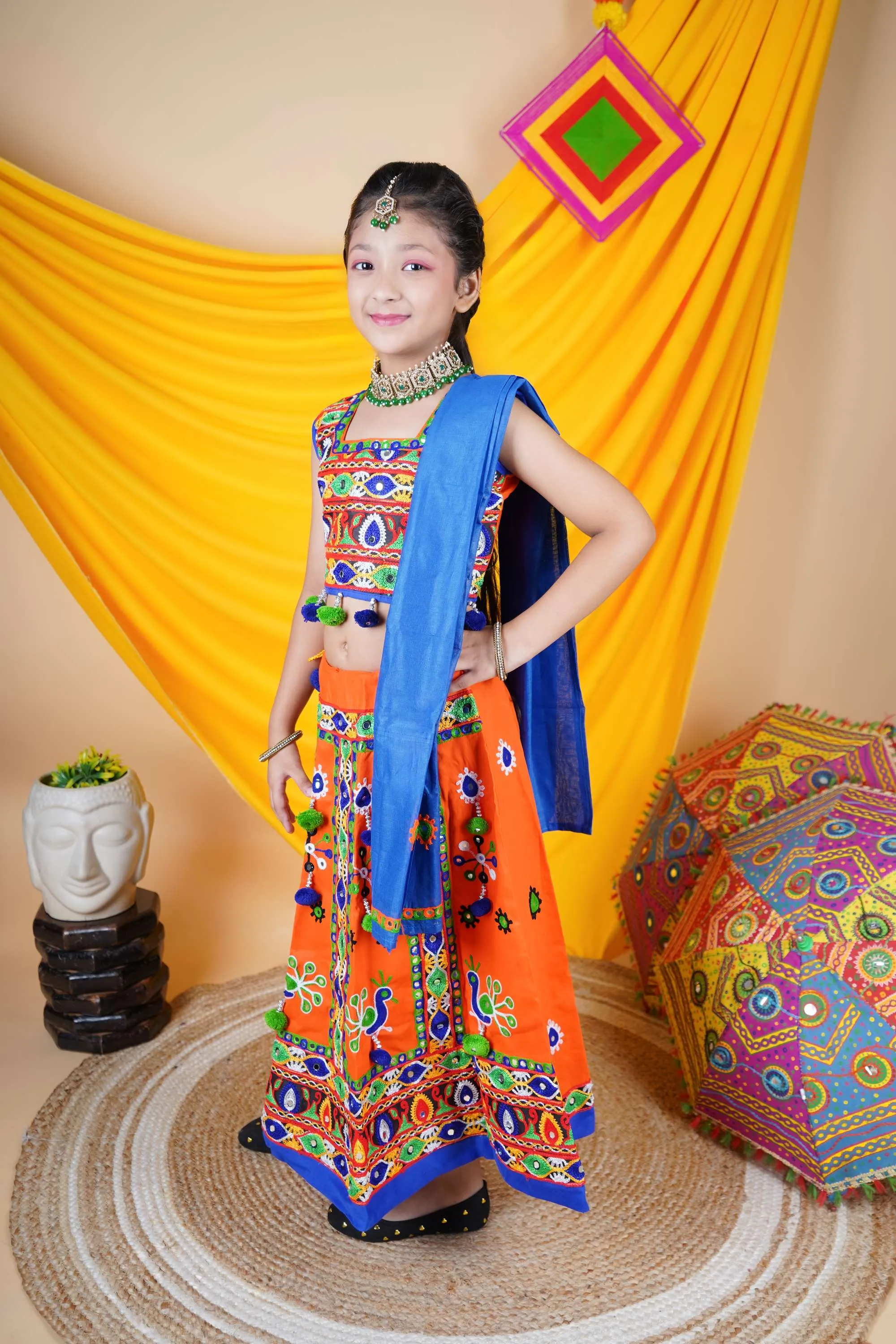 Ahhaaaa Kids Traditional Garba Ghoomar Lehenga Choli | Chania Choli | Radha Dress with Dupatta for Girl