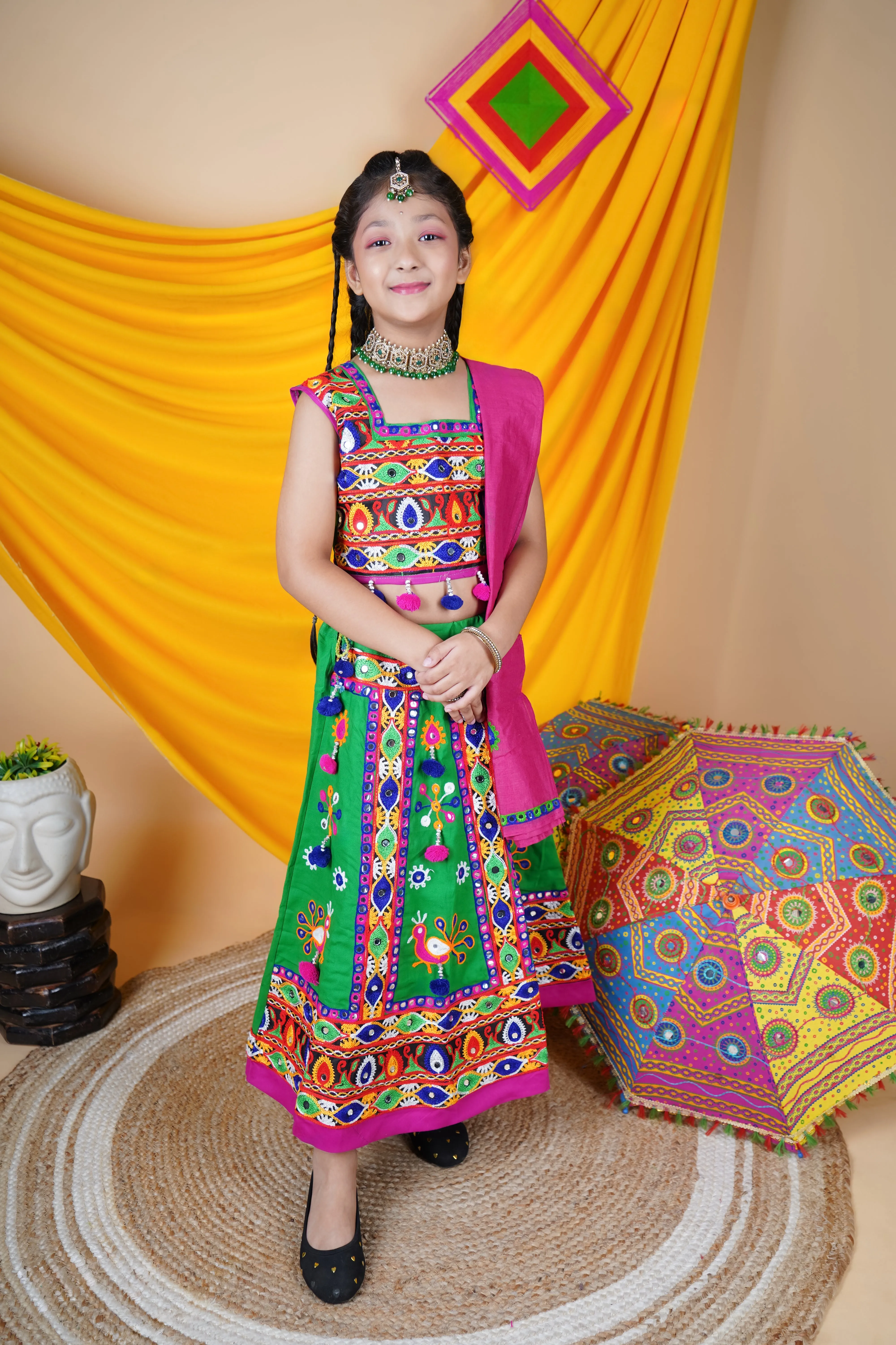 Ahhaaaa Kids Traditional Garba Ghoomar Lehenga Choli | Chania Choli | Radha Dress with Dupatta for Girl