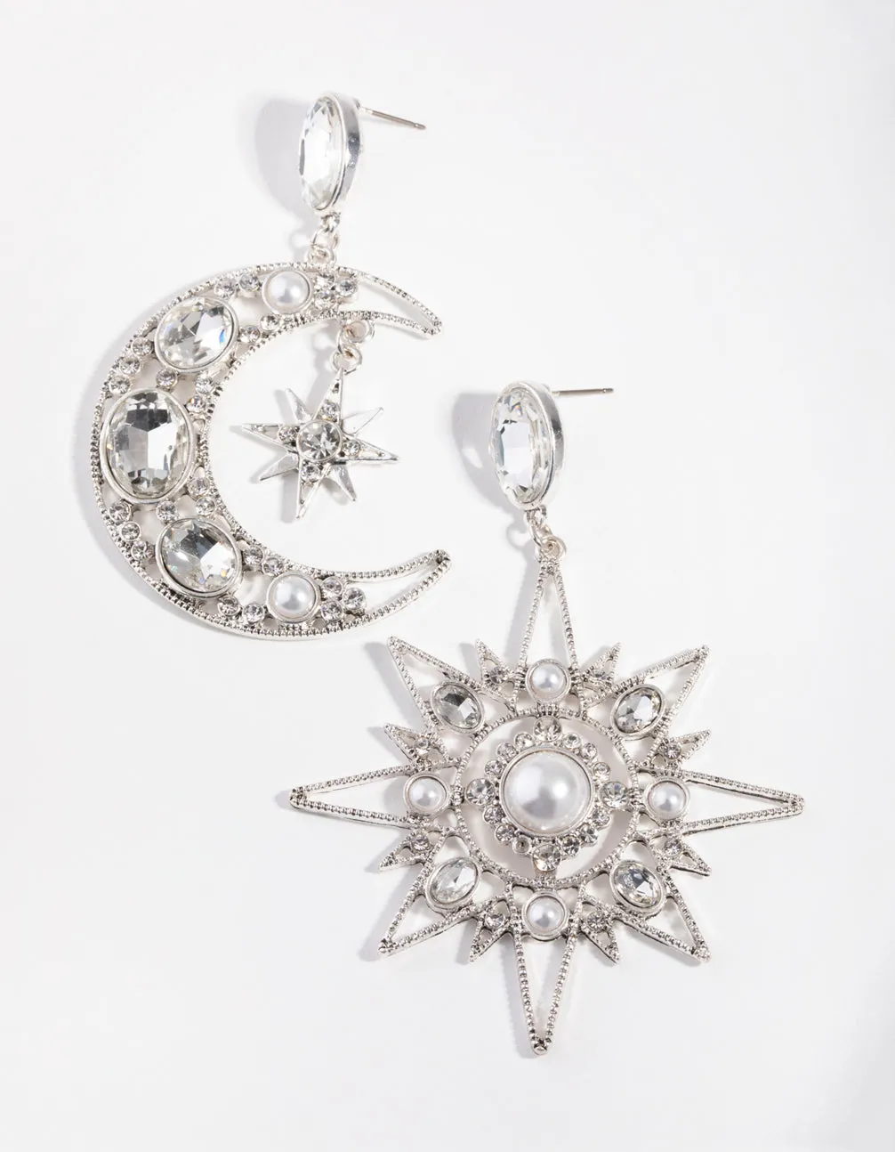 Antique Silver Statement Star & Moon Earrings