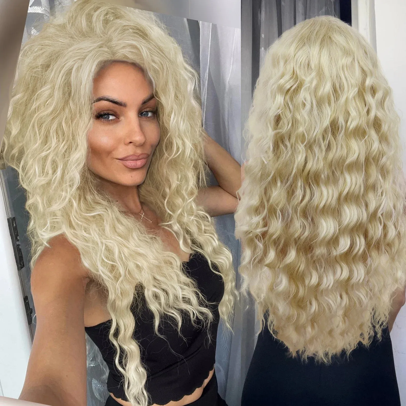 Ash Blonde Wig Synthetic Long Curly Hair Wigs for Women Fluffy Hairstyle Wave Ombre Wig Costume Carnival Party Regular Curly Wig