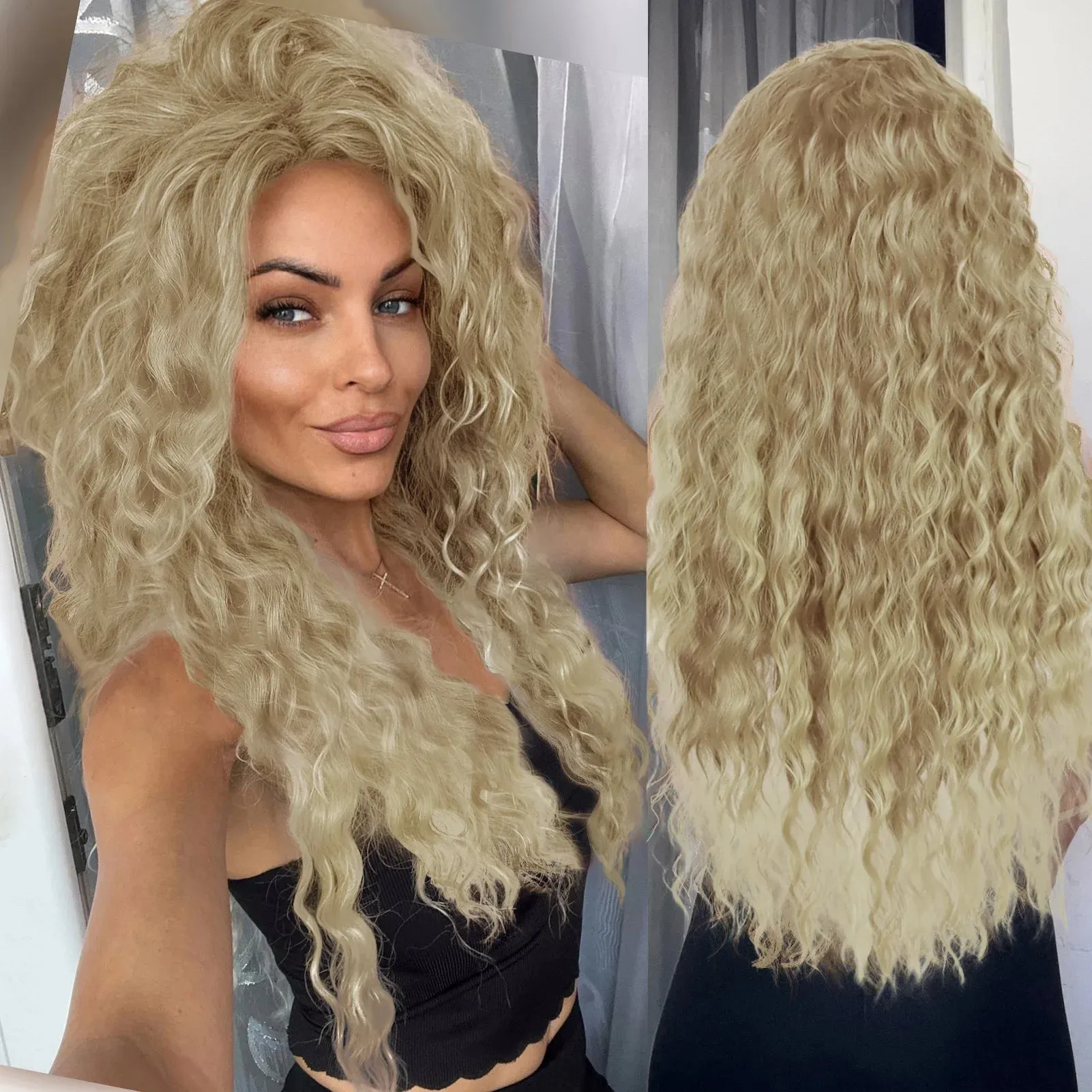 Ash Blonde Wig Synthetic Long Curly Hair Wigs for Women Fluffy Hairstyle Wave Ombre Wig Costume Carnival Party Regular Curly Wig