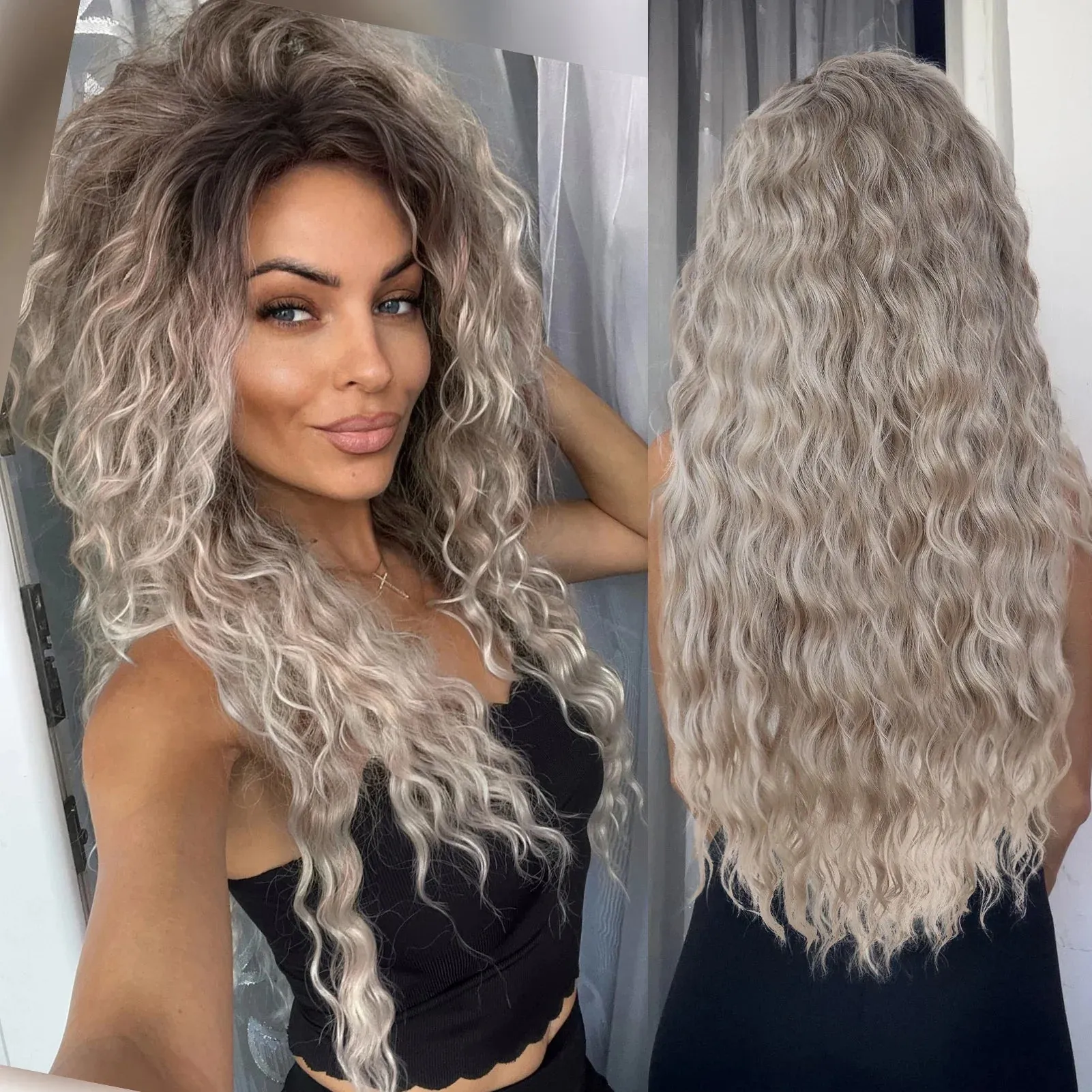 Ash Blonde Wig Synthetic Long Curly Hair Wigs for Women Fluffy Hairstyle Wave Ombre Wig Costume Carnival Party Regular Curly Wig