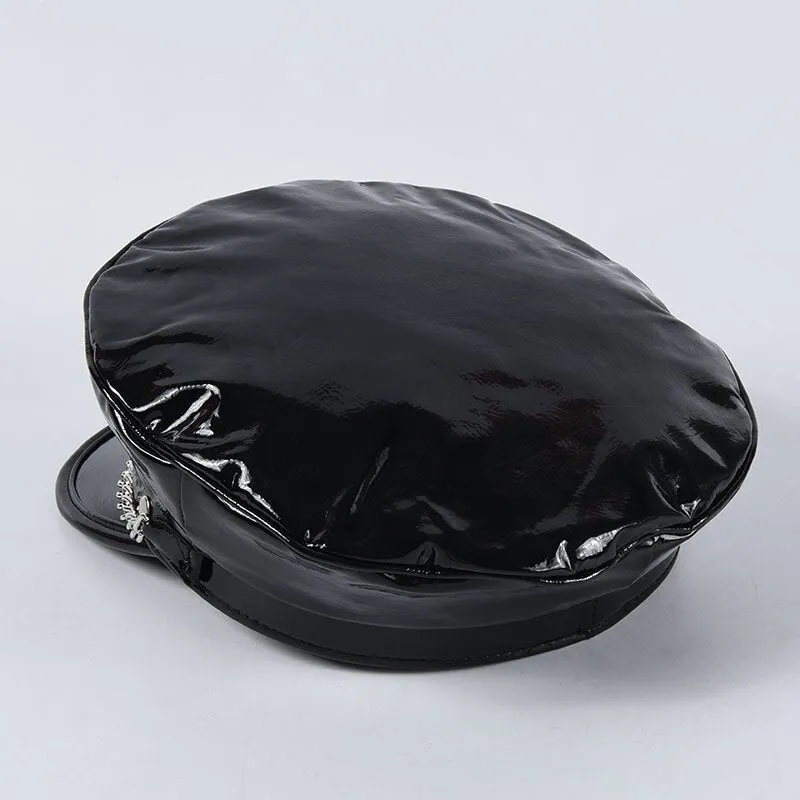 Autumn Winter Men's Patent Leather Rivet Chain Octagonal Military Sun Cap