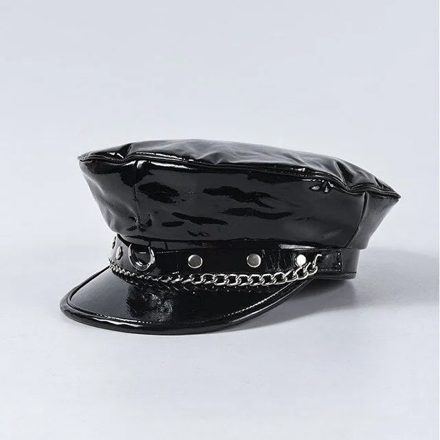 Autumn Winter Men's Patent Leather Rivet Chain Octagonal Military Sun Cap