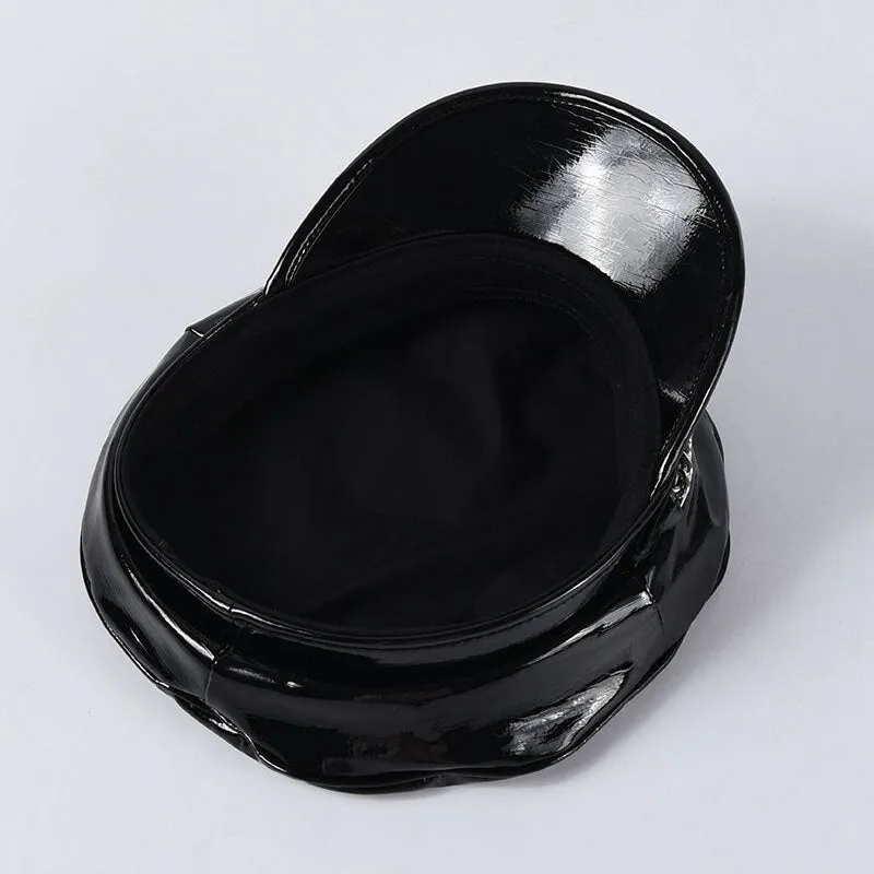 Autumn Winter Men's Patent Leather Rivet Chain Octagonal Military Sun Cap