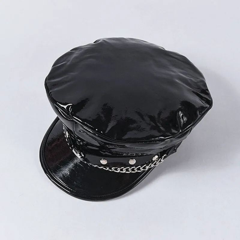 Autumn Winter Men's Patent Leather Rivet Chain Octagonal Military Sun Cap