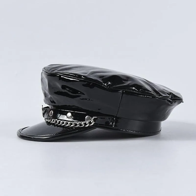 Autumn Winter Men's Patent Leather Rivet Chain Octagonal Military Sun Cap