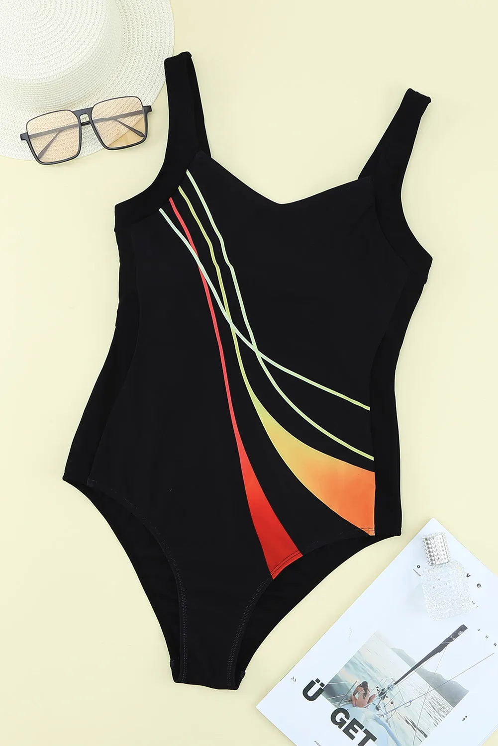 Black Abstract Print One-piece Swimsuit