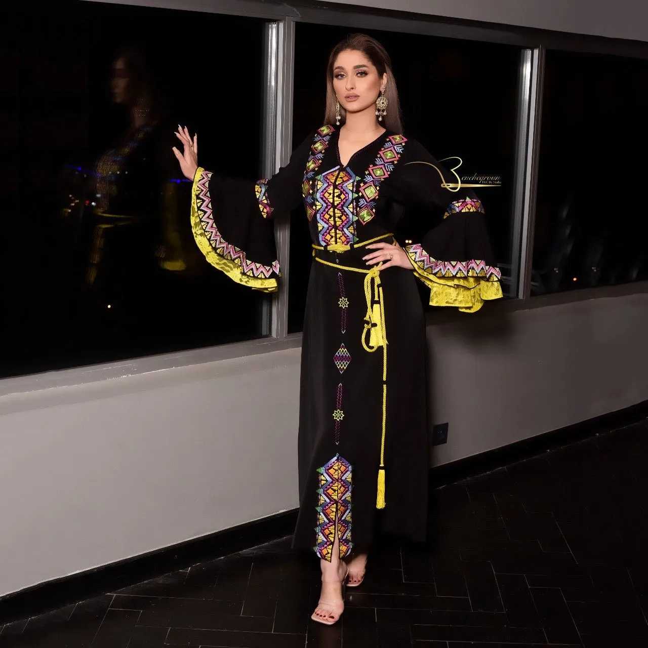 Black and Yellow Embroidered Kaftan