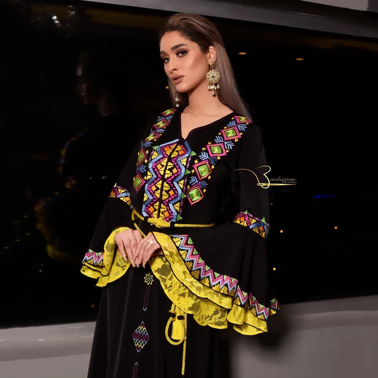 Black and Yellow Embroidered Kaftan