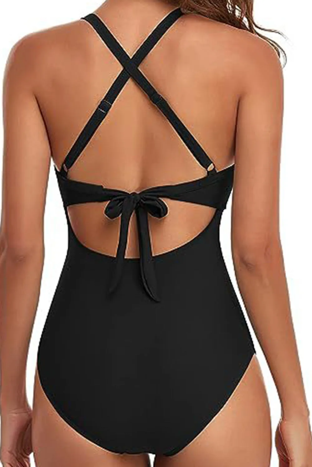 Black Criss-Cross Backless Monokini Swimwear