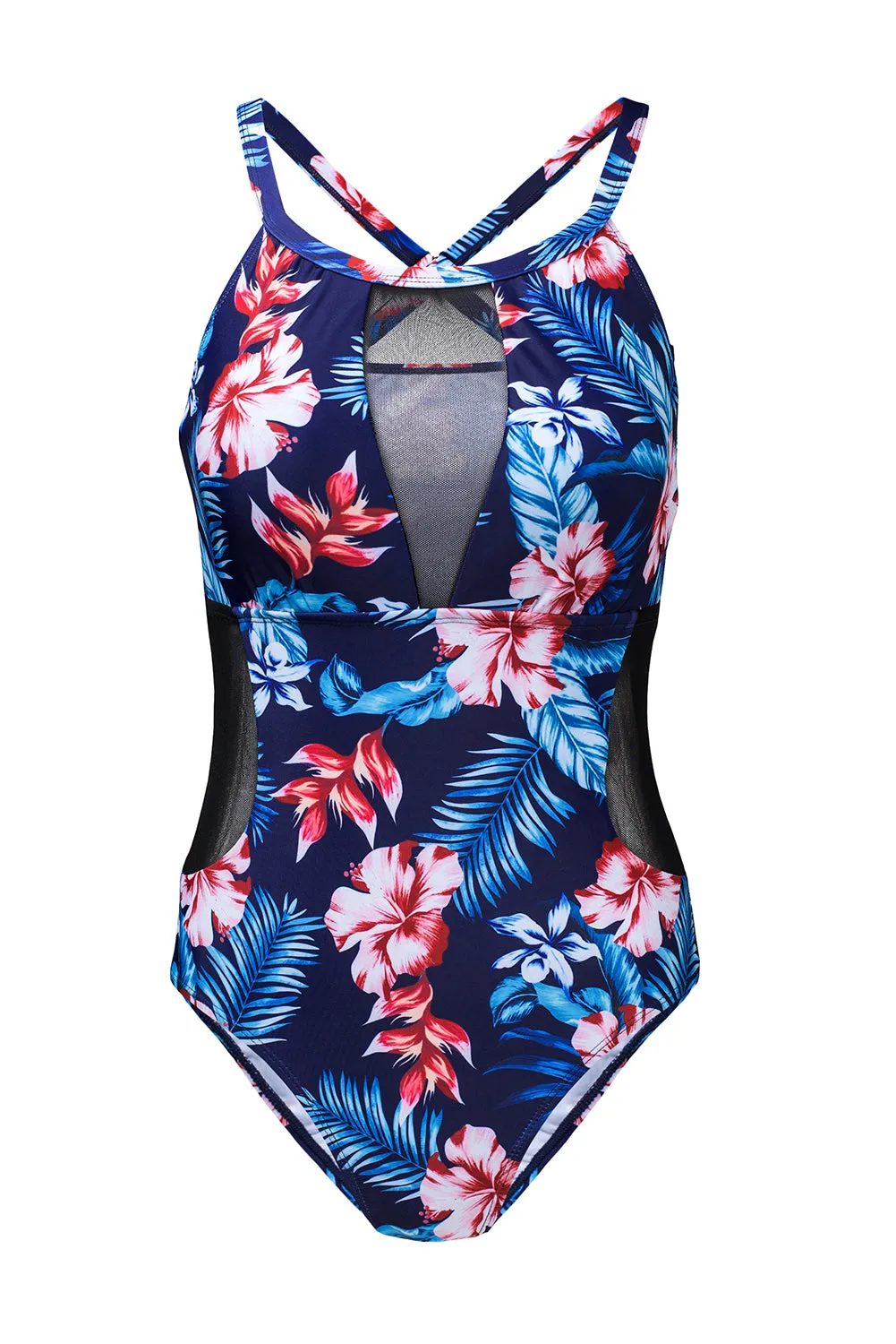 Black Floral Print Mesh One-Piece Swimsuit