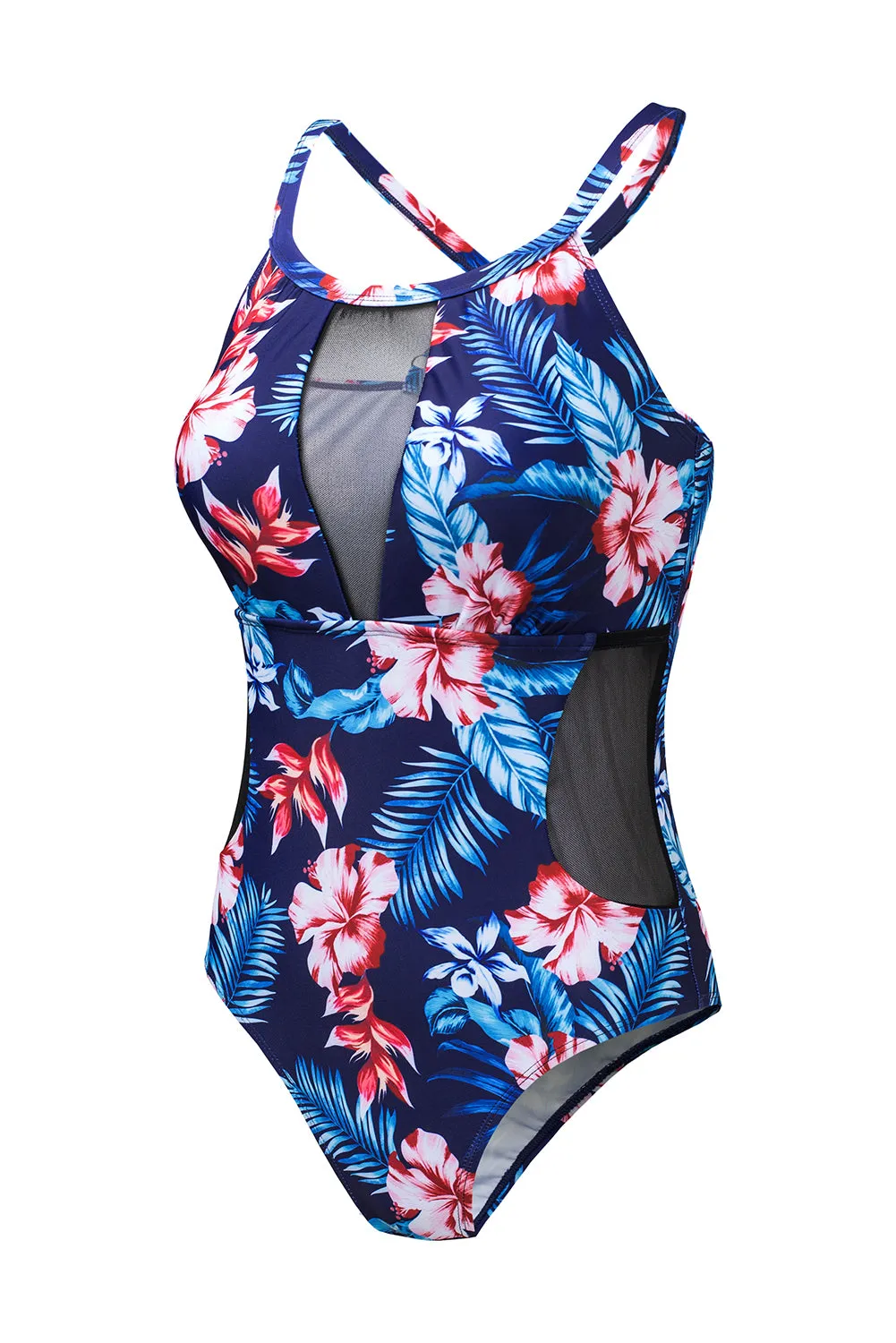 Black Floral Print Mesh One-Piece Swimsuit