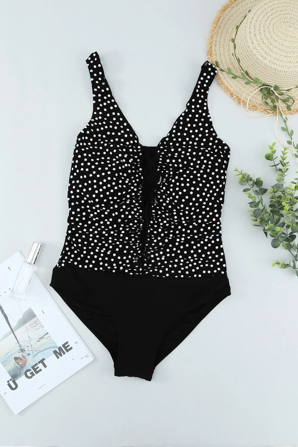 Black Floral Print Ruffles One-Piece Swimsuit