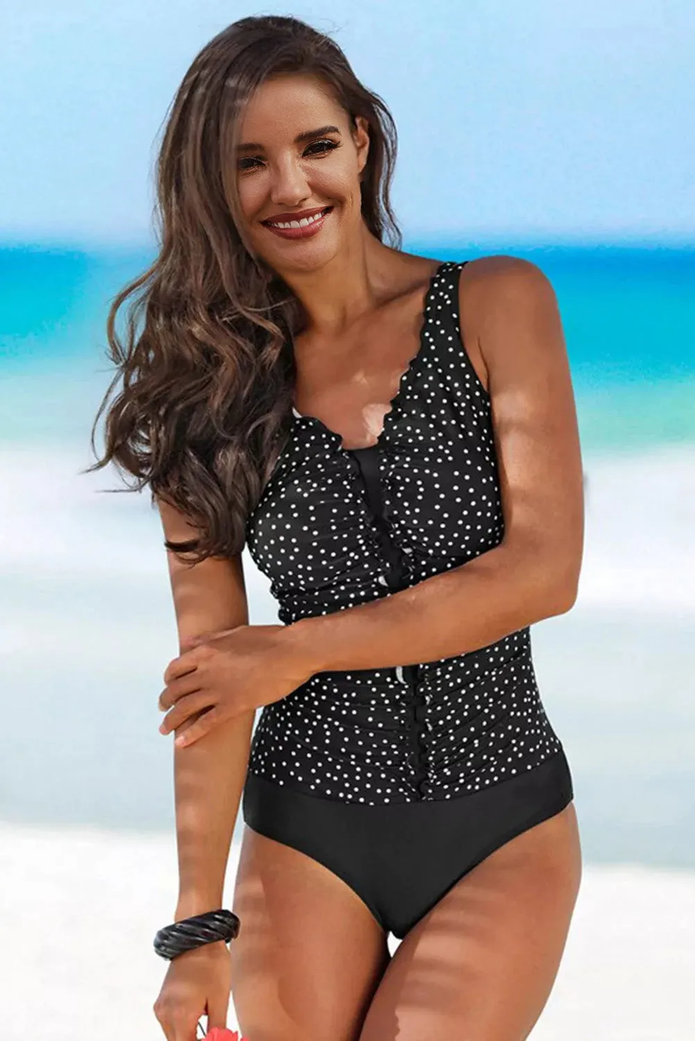 Black Floral Print Ruffles One-Piece Swimsuit