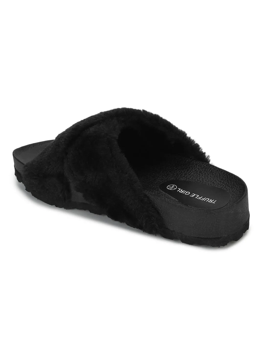 Black Fuzzy Fur Slides