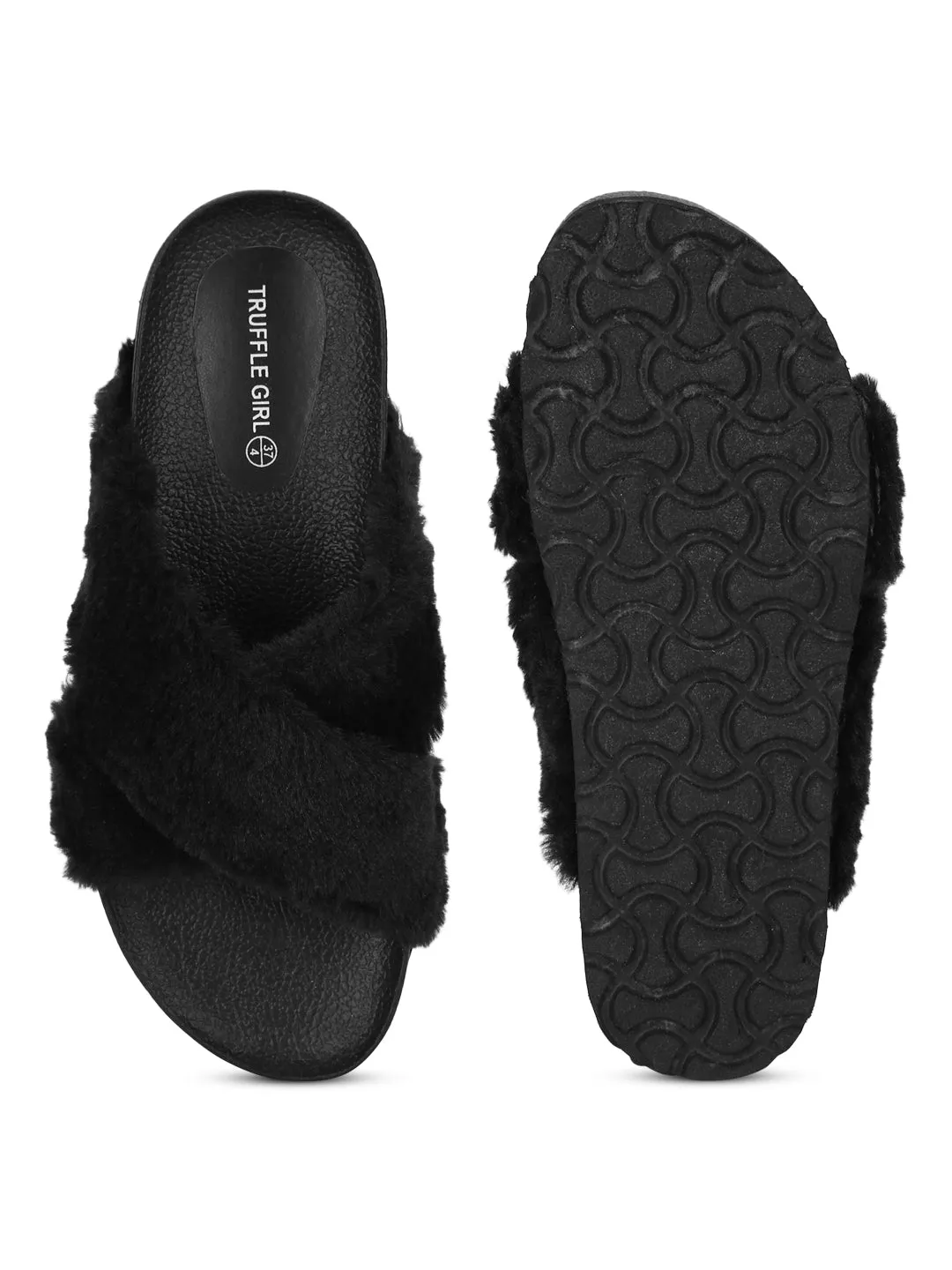 Black Fuzzy Fur Slides