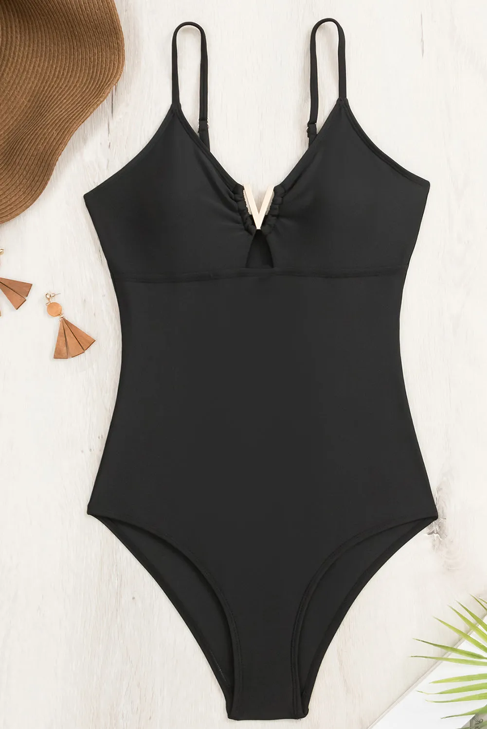 Black Glam V-Cut Metal Detail One-Piece Swimsuit