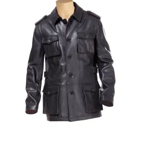 Black leather buttoned up coat