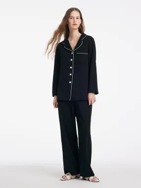 Black Long Sleeves And Pants Lapel Pajamas Two-Piece Set