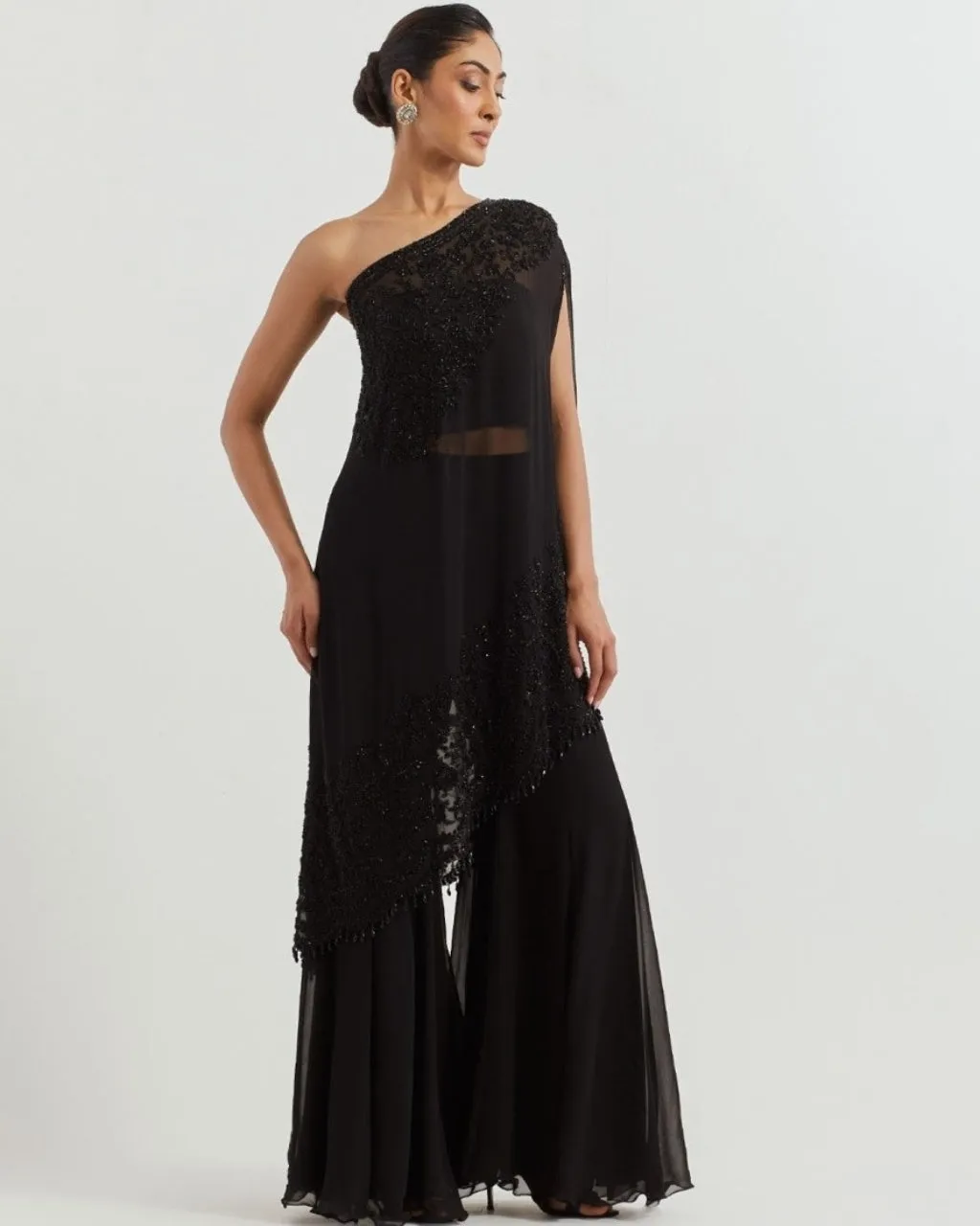 Black One Shoulder Cape With Sharara Set