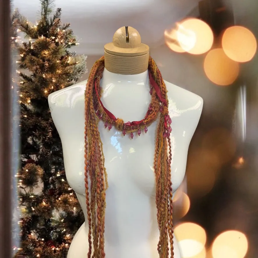 Boho Beaded Lightweight Mohair Scarf Necklace - Orange and Red