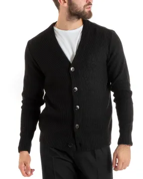 Cardigan Uomo Giacca Con Bottoni Maglioncino Scollo V Maglia Inglese Nero GIOSAL-M2675A