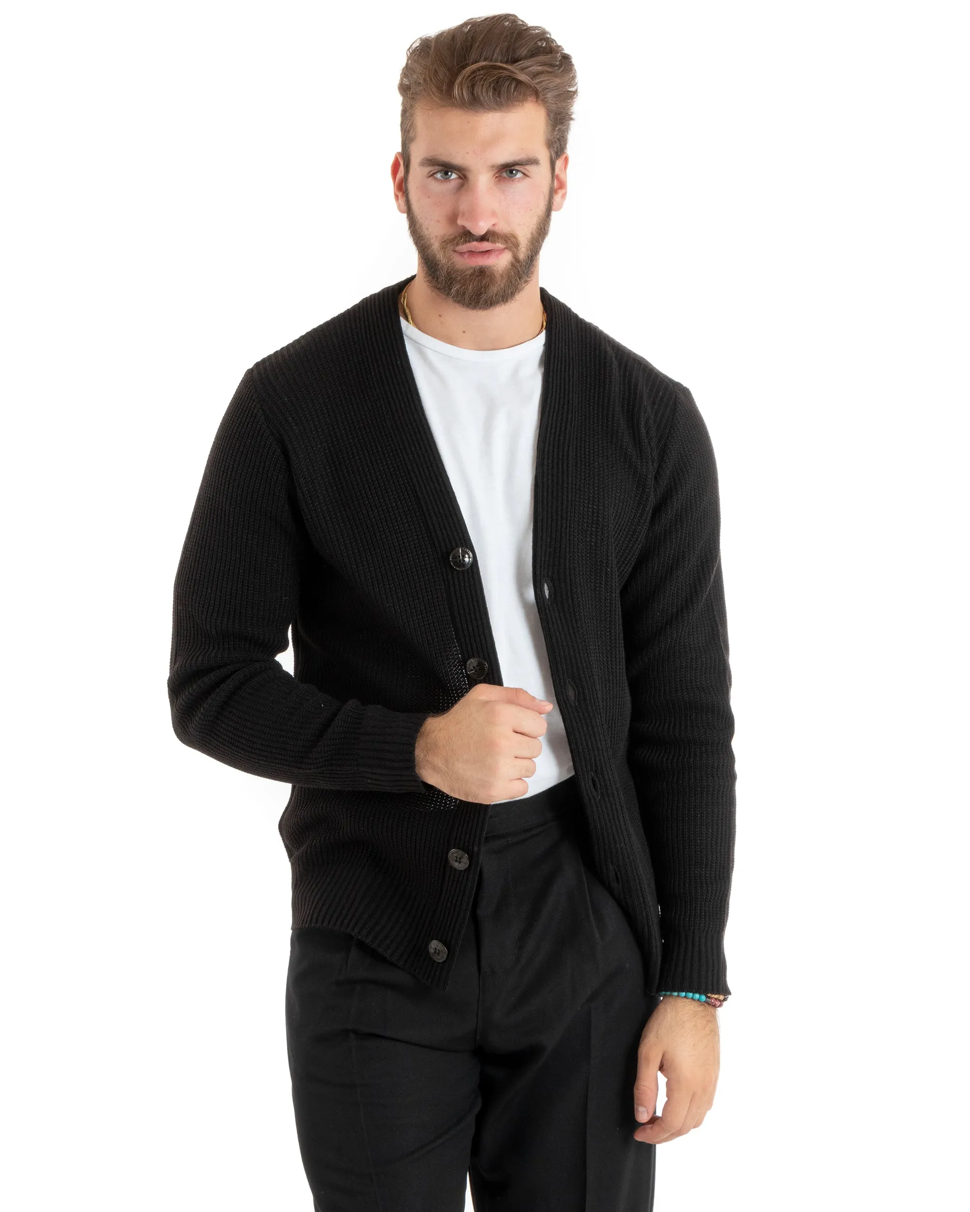 Cardigan Uomo Giacca Con Bottoni Maglioncino Scollo V Maglia Inglese Nero GIOSAL-M2675A