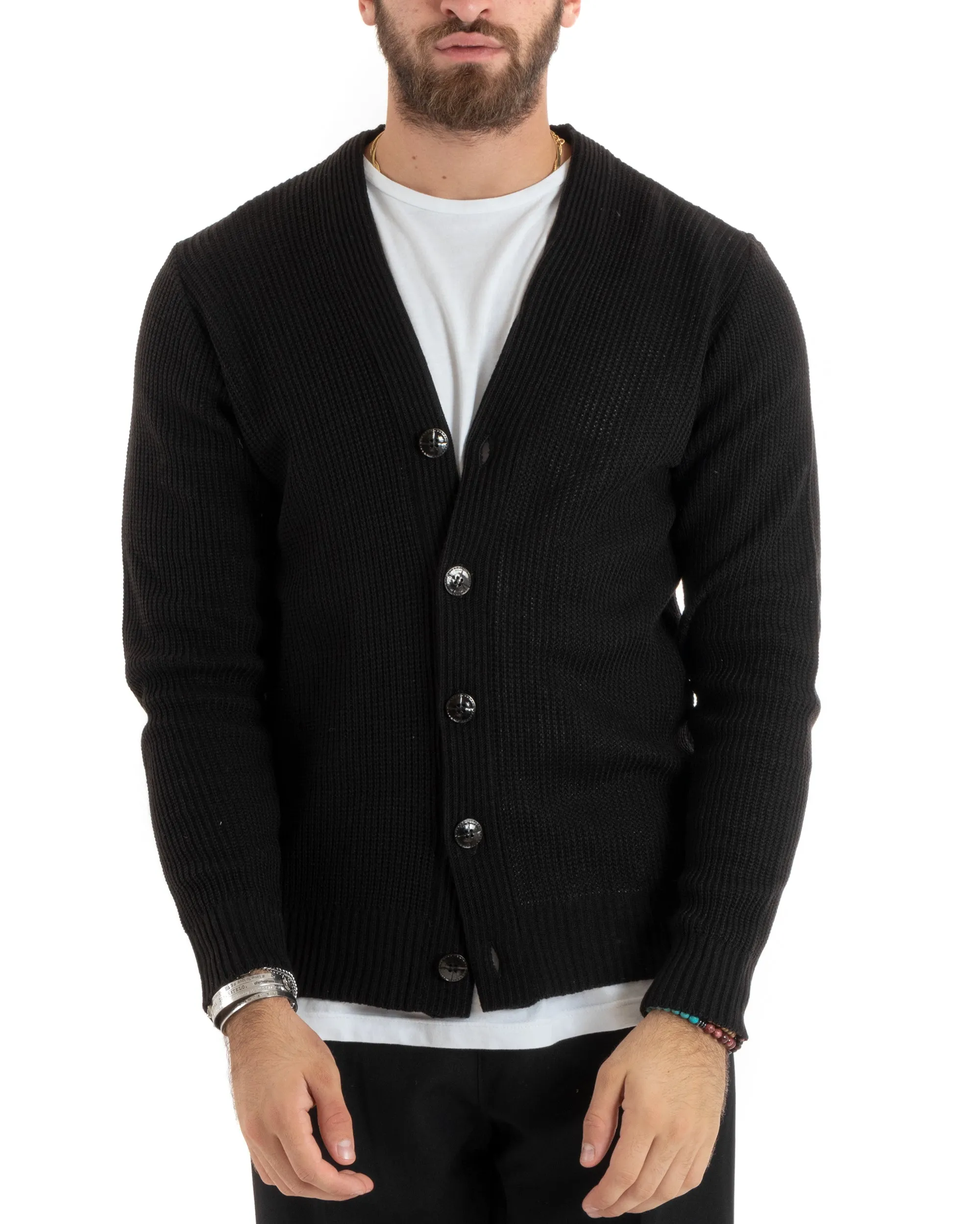 Cardigan Uomo Giacca Con Bottoni Maglioncino Scollo V Maglia Inglese Nero GIOSAL-M2675A