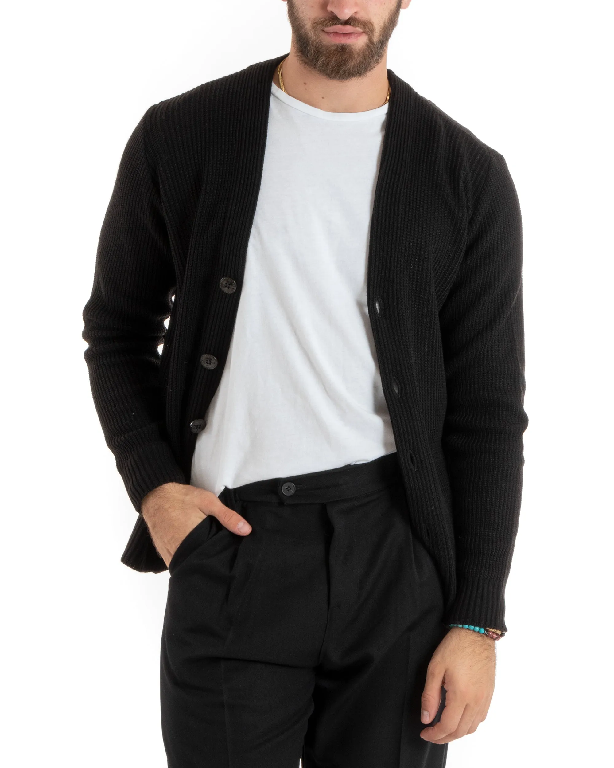 Cardigan Uomo Giacca Con Bottoni Maglioncino Scollo V Maglia Inglese Nero GIOSAL-M2675A